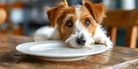 Dog asking for food in plate on table