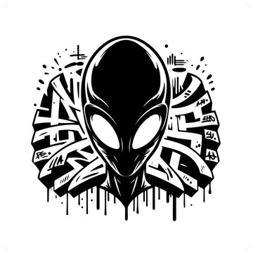 alien silhouette, horror character in graffiti tag, hip hop, street art typography illustration.