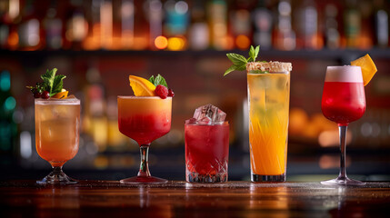 An array of five different cocktails is presented on a wooden bar counter, showcasing a diversity of colors and glassware.