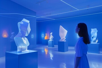 Young Woman in a Serene Blue Modern Art Gallery Admiring Abstract Sculptures.