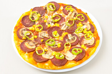 Delicious mixed pizza with rich content. Menu concept of choice and diversity. Pepperoni, Formaggi, Veggie, Karisik pizza