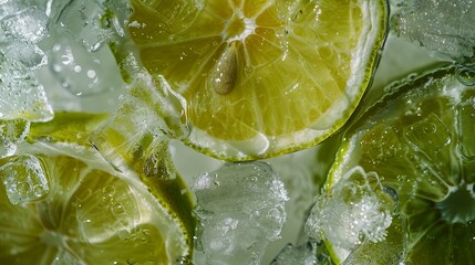 A close-up of sliced green lemons displayed with ice around them in a refreshing and delicious scene. Juicy lemon with the freshness of ice in advertising photography.