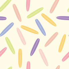 Vintage seamless pattern with surf boards. Abstract geometric wallpaper with surfboard shapes. Groovy vector background in style of retro. Colorful sporty summer design for textile, paper, wrap