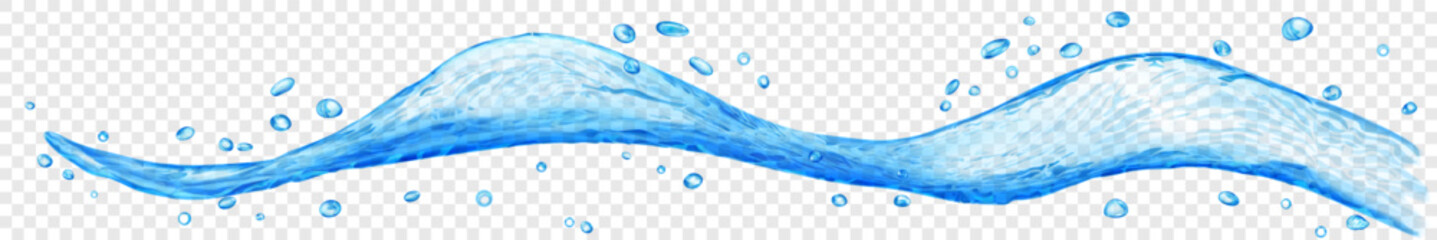 Long translucent water wave or stream with drops, in light blue colors, isolated on transparent background. Transparency only in vector file