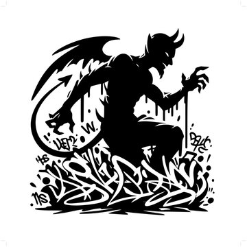 devil lucifer; satan silhouette, horror character in graffiti tag, hip hop, street art typography illustration.