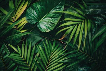 closeup nature view of green leaf and palms background. Flat lay, dark nature concept, tropical leaf - generative ai
