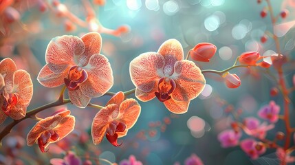 Vivid light red orchids gracefully dancing in garden, beautifully rendered for exquisite detail