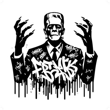 frankenstein silhouette, horror character in graffiti tag, hip hop, street art typography illustration.