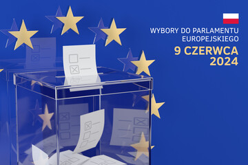 European Elections in Poland. A transparent ballot box against the background of the symbol of the European Union with the Polish inscription 