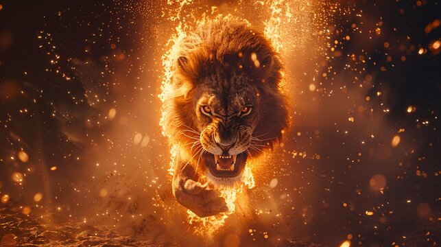 An angry lion with an open mouth. expression of anger. Portrait of a big male lion with open mouth on a dark background. Big male lion roaring in the dark with fire and smoke around him.