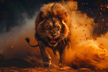 Naklejka premium An angry lion with an open mouth. expression of anger. Portrait of a big male lion with open mouth on a dark background. Big male lion roaring in the dark with fire and smoke around him.