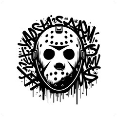 hockey mask; jason silhouette, horror character in graffiti tag, hip hop, street art typography illustration.