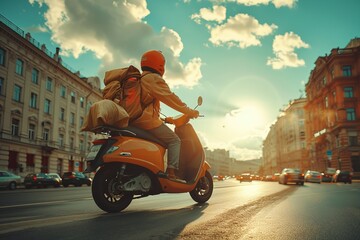 A man maneuvers his scooter through the city streets under a cloudy sky