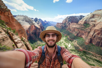 A man taking a selfie of themselves with a beautiful wilderness landscape