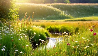 A serene summer meadow bathed in golden sunlight, wildflowers swaying gently in the breeze, a small stream winding through the grass, birds chirping in the distance, evoking a sense of peace and tranq