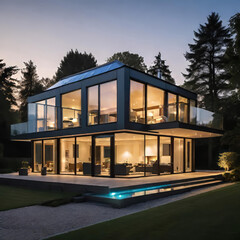 Fototapeta premium Exterior photography of a high end home, modern and minimalist design home in the evening hours,