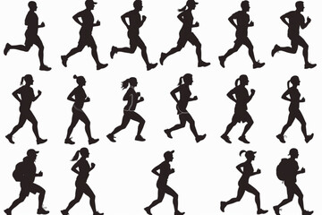 running people silhouette collection, jogging illustration vector icon, white background, black colour icon