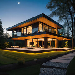 Exterior photography of a high end home, modern and minimalist design home in the evening hours,