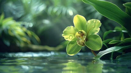 Beautiful green orchid flower surrounded by lush foliage at the serene pond s edge