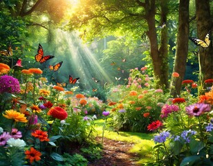 An enchanting summer garden nestled within a dense forest, dappled sunlight filtering through the canopy, vibrant flowers of all colors blooming in abundance, butterflies fluttering around, creating a