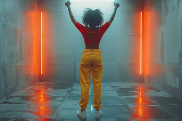 a woman in a red shirt and yellow pants is standing in a dark room with her arms in the air