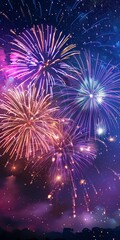 Colorful fireworks display lighting up the night sky, symbolizing celebration and joy, vibrantly marking a festive occasion with bursts of pink, blue, and white.