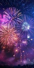 Fototapeta premium Colorful fireworks display lighting up the night sky, symbolizing celebration and joy, vibrantly marking a festive occasion with bursts of pink, blue, and white.