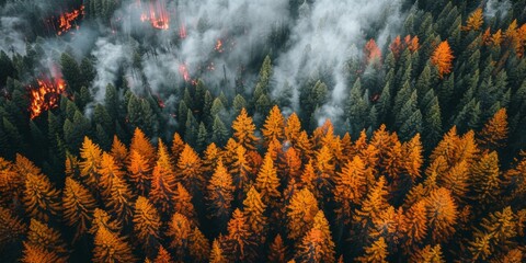 Fototapeta na wymiar Impressive autumn forest panorama engulfed in smoke and fire, vibrant orange and green trees standing against gray mist, natural disaster theme.