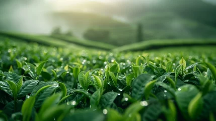  Lush green tea plantation at dawn with dew on leaves, landscape illuminated by soft sunlight, evoking freshness and natural beauty. © BrightWhite