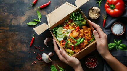 Vibrant vegetarian meal in takeout box, held with two hands, surrounded by fresh vegetables and spices, evoking healthy eating and convenience. - obrazy, fototapety, plakaty