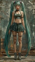 Naklejka premium Hatsune Miku, with long green hair in two ponytails and bangs