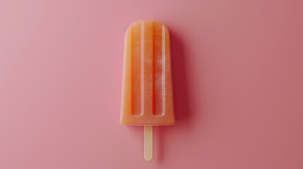 Vibrant orange popsicle on soft pink background, suggesting summer refreshment and sweet frozen treat during hot days. Copy space.
