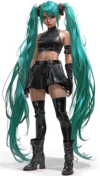Hatsune Miku, with long green hair in two ponytails and bangs