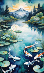 watercolor illustration, pond with koi fish, work on emerald porcelain, painting for printing and decoration of office, home,