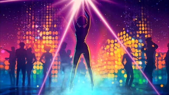 Silhouette of a woman performing disco dance in a colorful looping time-lapse animation