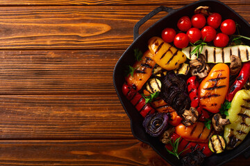 Colorful grilled vegetables on a pan barbecue