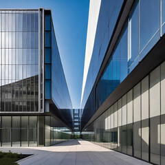 creative modern glass office building of a large corporation in the city, environmental building design with proportional straight lines going out