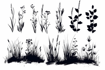 set of hand drawn grass illustration vector icon, white background, black colour icon