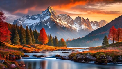 Autumn sunset over snow-capped mountains