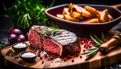 photo of a piece of raw picanha on a meat board, decorated with salt and herbs, a delicious dish of the national cuisine of the peoples of the world, - Powered by Adobe