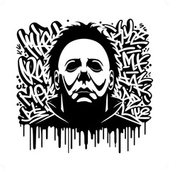 halloween slasher silhouette, horror character in graffiti tag, hip hop, street art typography illustration.
