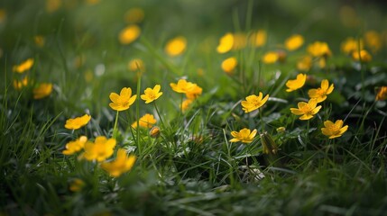 Yellow flowers in a grassy field with a green backdrop