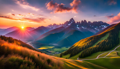 beautiful sunrise over the mountains, a breathtaking sunrise in pastel colors illuminating the...