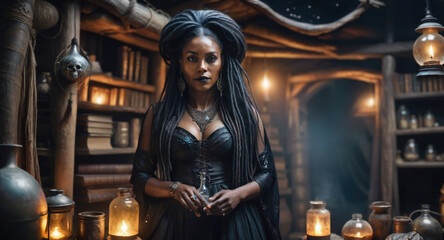 AI generated portrait with a beautiful African witch inside her hut