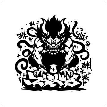 oni silhouette, horror character in graffiti tag, hip hop, street art typography illustration.