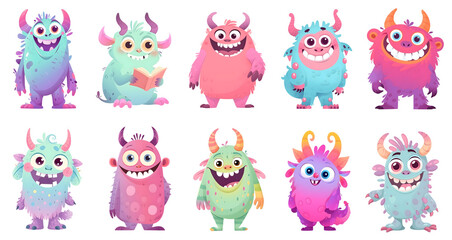 Cartoon monsters isolated on transparent background. Set of cute funny aliens. Colorful elements for design. Concept illustration for children's sticker, book, poster, birthday party, wallpaper.