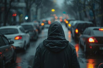 Amidst a backdrop of blurred traffic under a rain-soaked atmosphere, a hooded figure stands contemplating the urban landscape