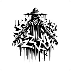 Scarecrow silhouette, horror character in graffiti tag, hip hop, street art typography illustration.