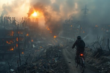Obraz premium A cyclist rides through a dystopian scene of a city on fire with remnants of destruction all around