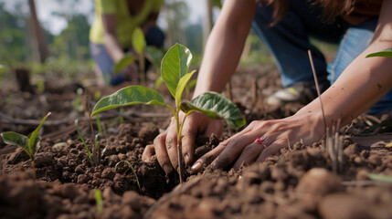 Volunteers plant saplings in a deforested area